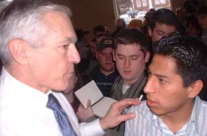 Erick speaking to General Wesley Clark about the abuses in the Abu Ghraib prison and Guantanamo Bay.